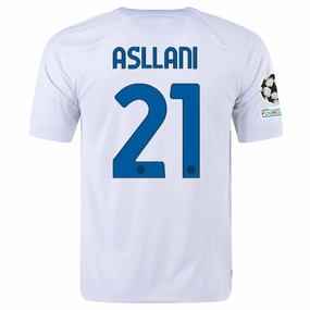 Nike Inter Milan Kristjan Asllani Away Jersey w/ Champions League   Copa Italia Patches 23/24 (White/Lyon Blue)