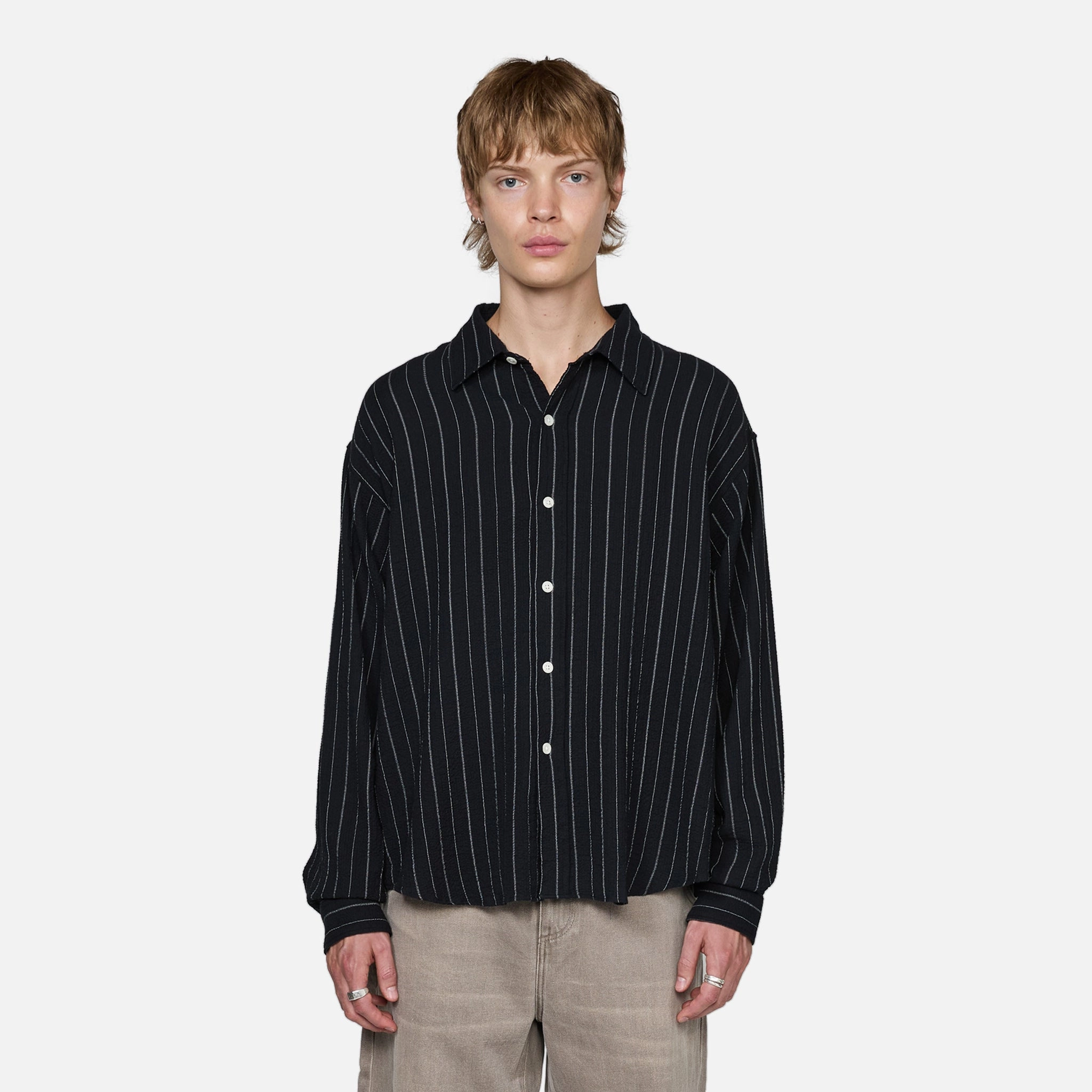 Vacation Shirt Black Textured Stripe