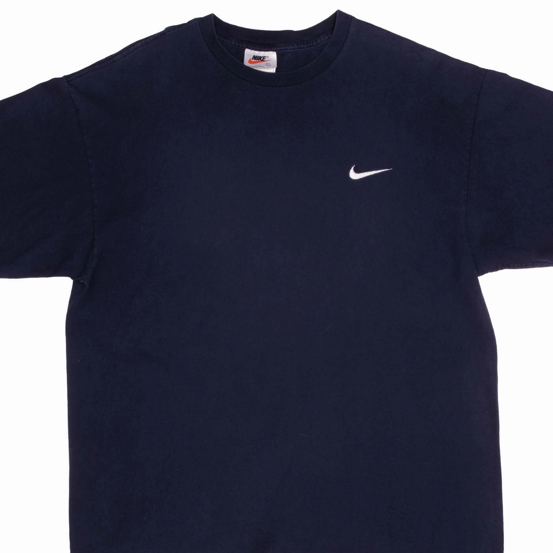 VINTAGE NIKE CLASSIC SWOOSH BLUE TEE SHIRT LATE 1990S LARGE MADE IN USA
