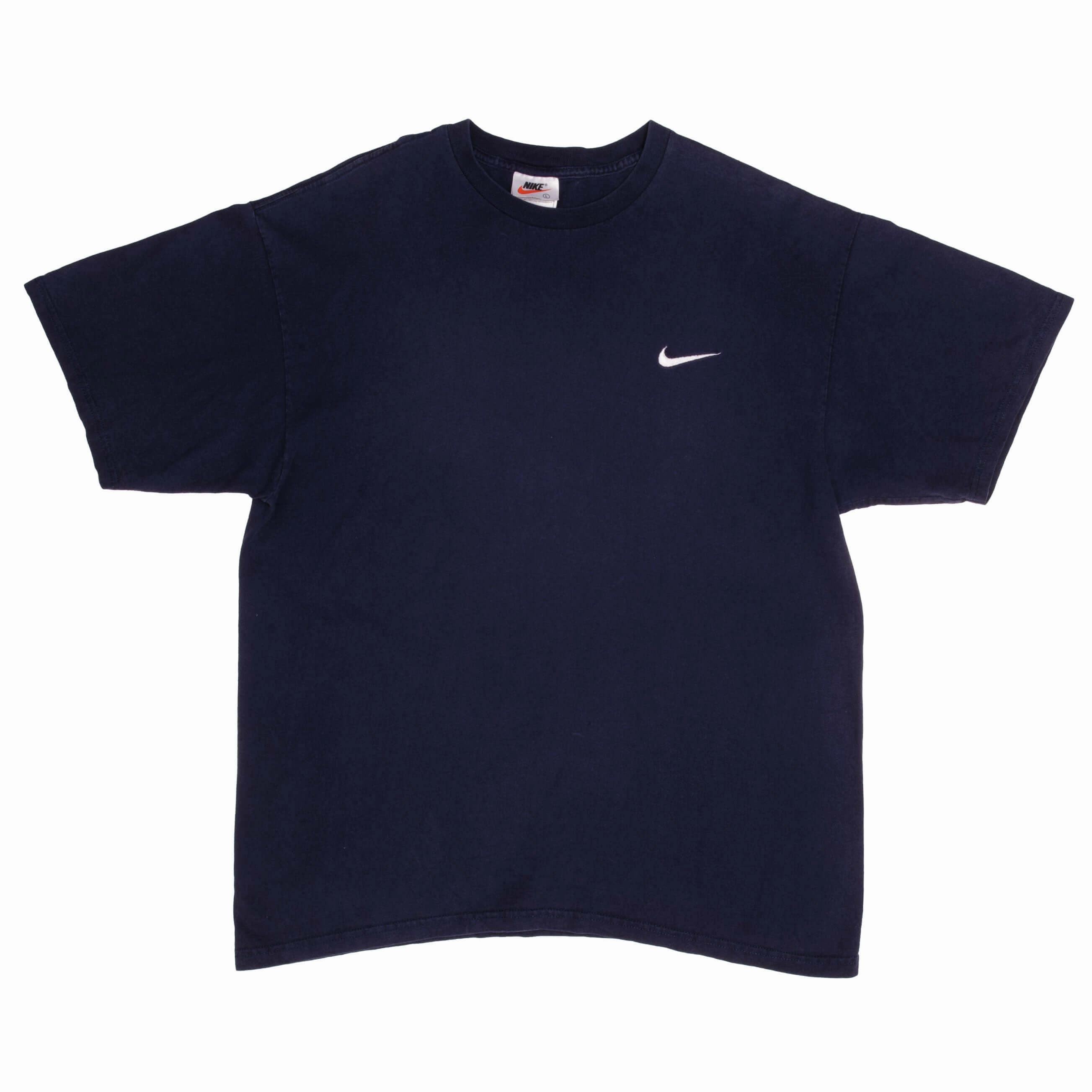 VINTAGE NIKE CLASSIC SWOOSH BLUE TEE SHIRT LATE 1990S LARGE MADE IN USA